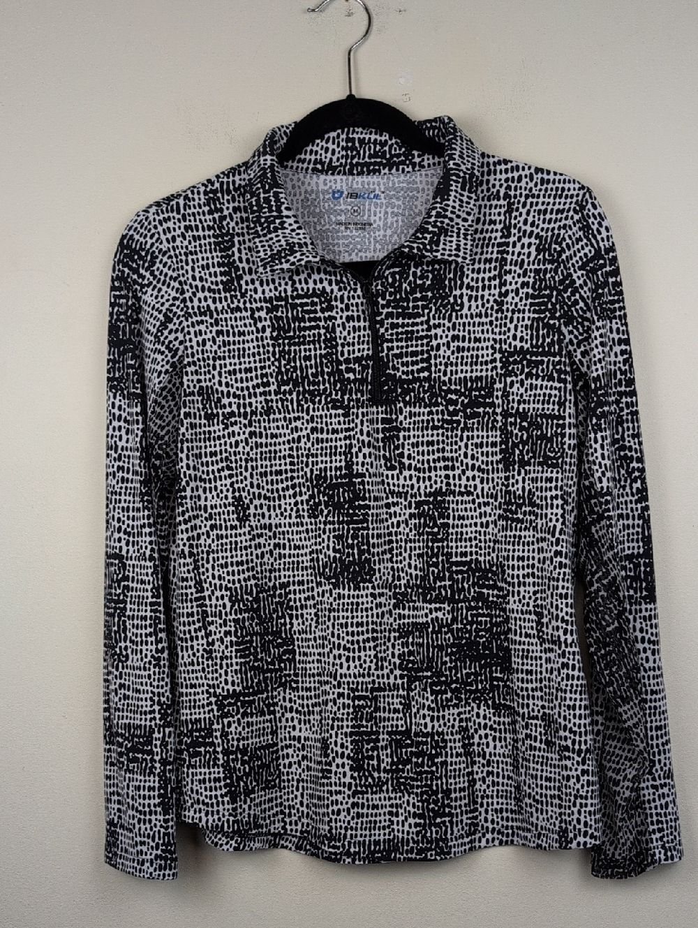 IBKUL Black & White Dot Patterned Long Sleeve 1/4" Zip Pullover Polo Top Size M
